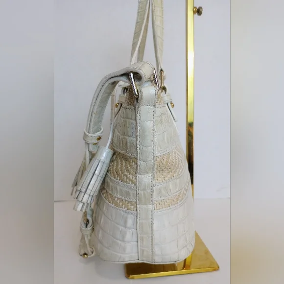 Brahmin Snowball Raffia And Croc Embossed Leather Crossbody Satchel Purse - Picture 6 of 9